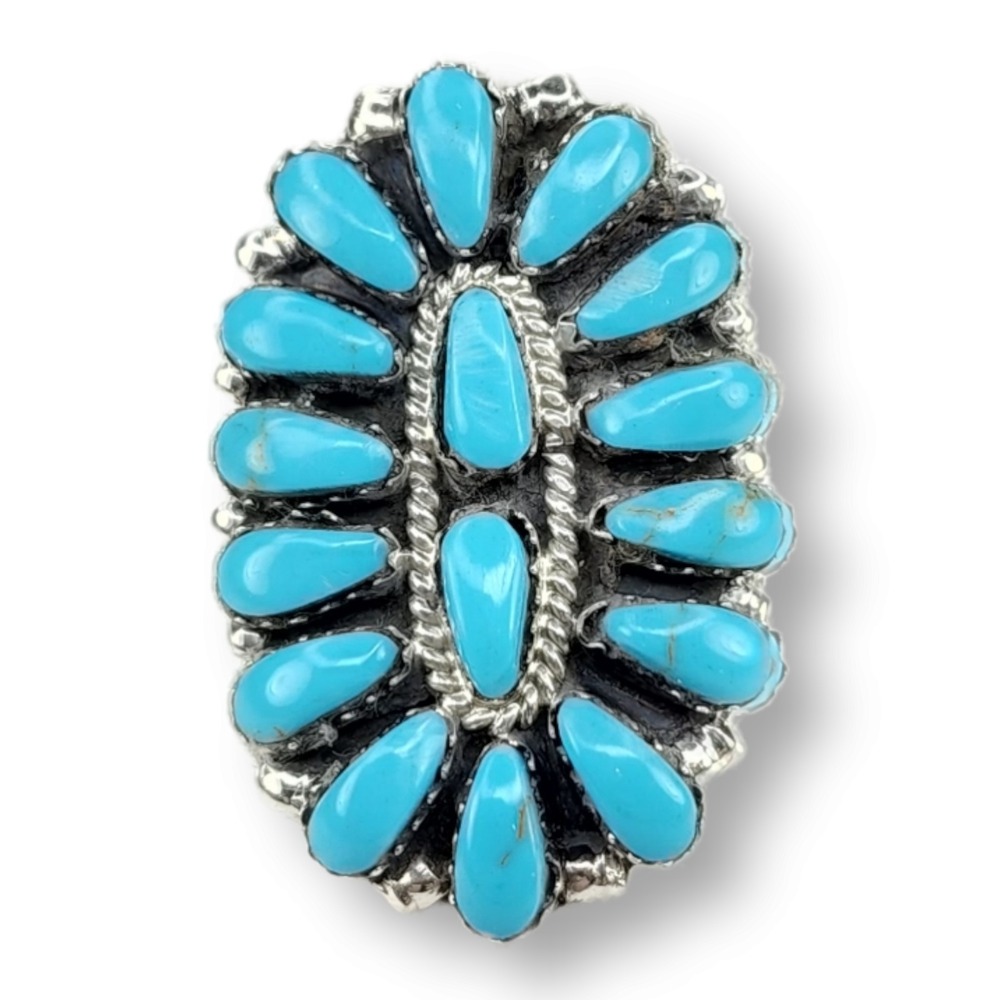 Southwestern Sterling Silver 925 Petit Point Turquoise Ring Size 6.75